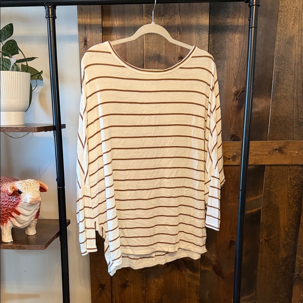 Relaxed Cream and Brown Striped Long-Sleeve Tee